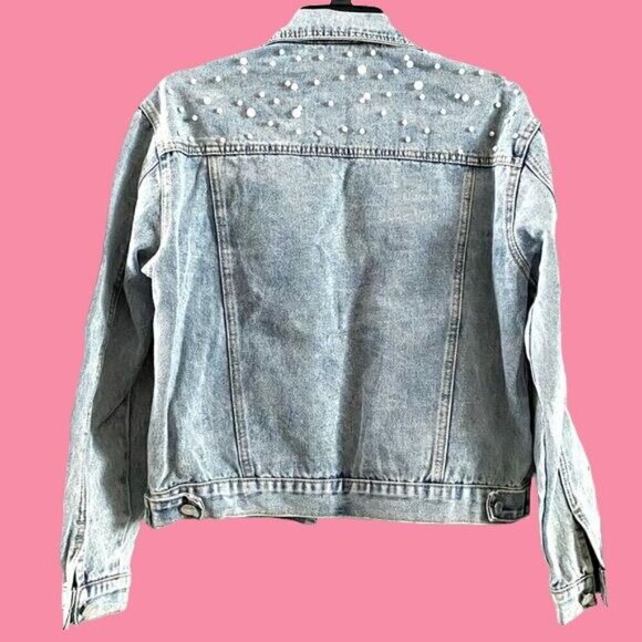 Handcrafted Beaded Pearl Jean Jacket Medium Over The Shoulder Long Sleeve Denim - Picture 3 of 8